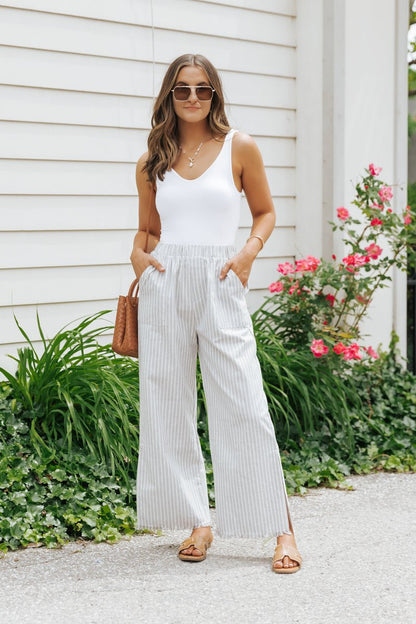 Grey Striped Elastic Waist Slit Linen Pants - Magnolia Boutique