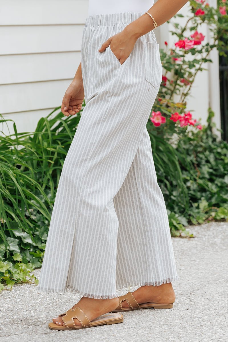 Grey Striped Elastic Waist Slit Linen Pants - Magnolia Boutique