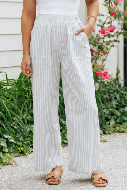 Grey Striped Elastic Waist Slit Linen Pants - Magnolia Boutique