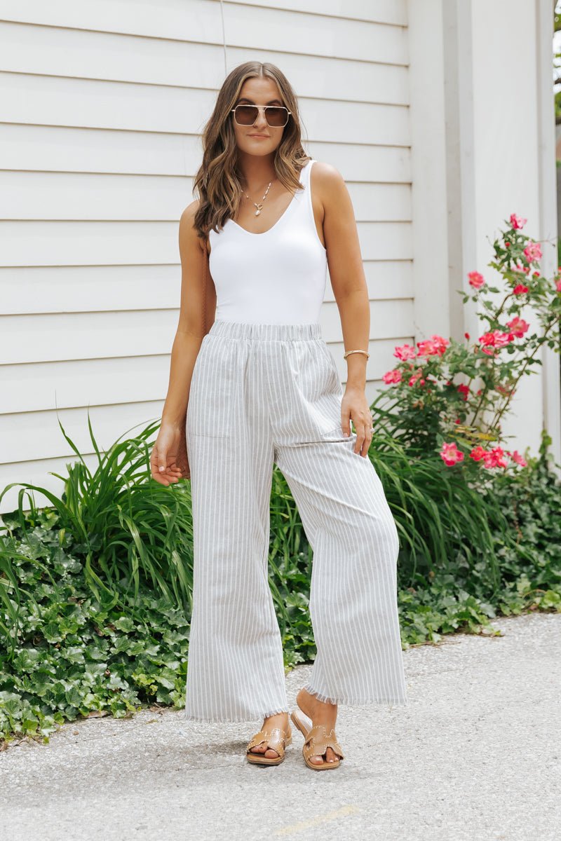 Grey Striped Elastic Waist Slit Linen Pants - Magnolia Boutique