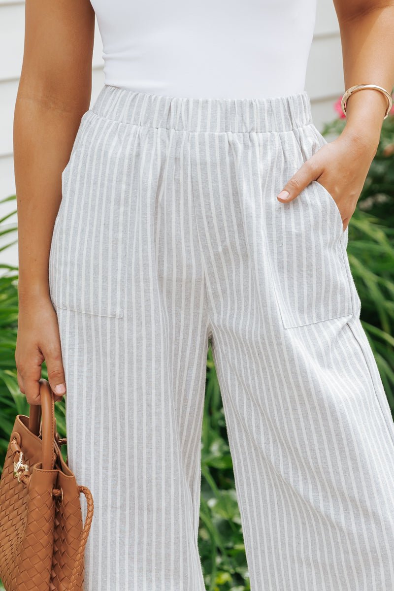 Grey Striped Elastic Waist Slit Linen Pants - Magnolia Boutique