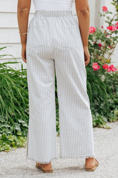 Grey Striped Elastic Waist Slit Linen Pants - Magnolia Boutique