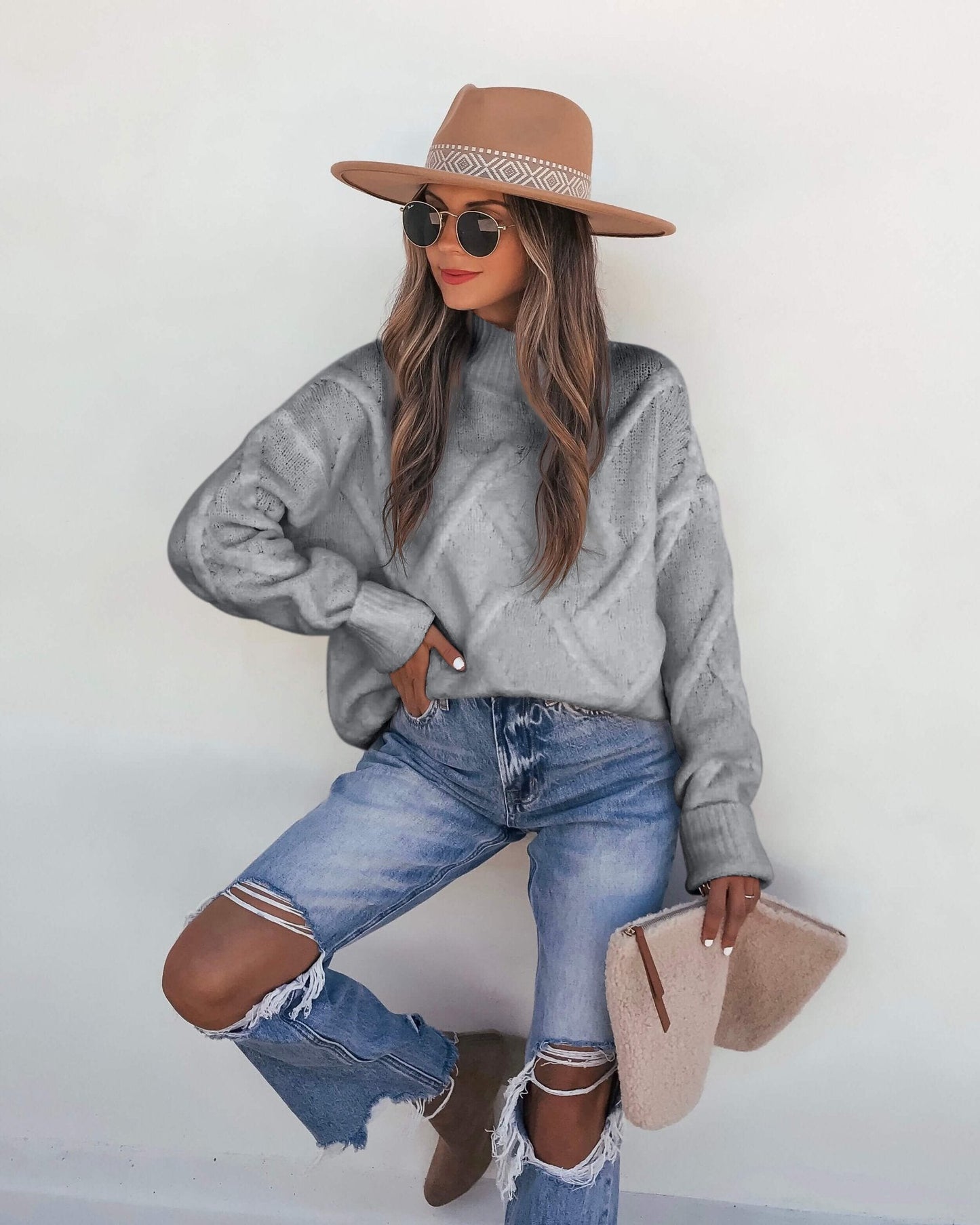 Grey Textured Mock Neck Sweater - Magnolia Boutique