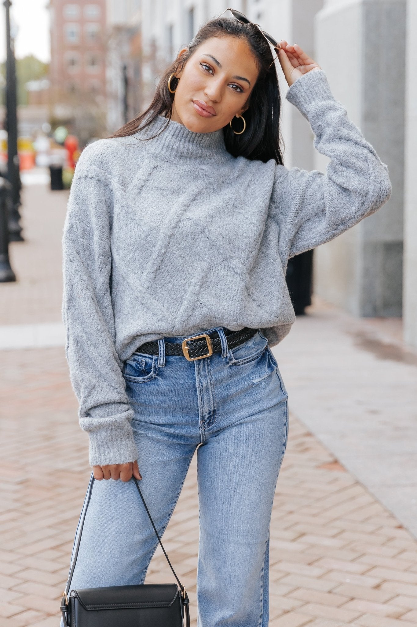 Grey Textured Mock Neck Sweater - Magnolia Boutique