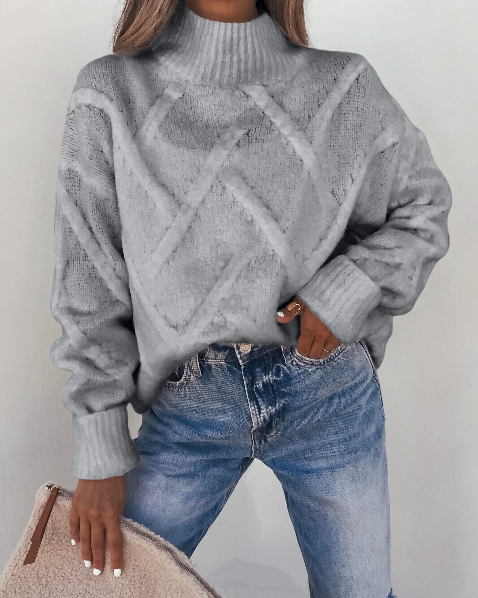 Grey Textured Mock Neck Sweater - Magnolia Boutique