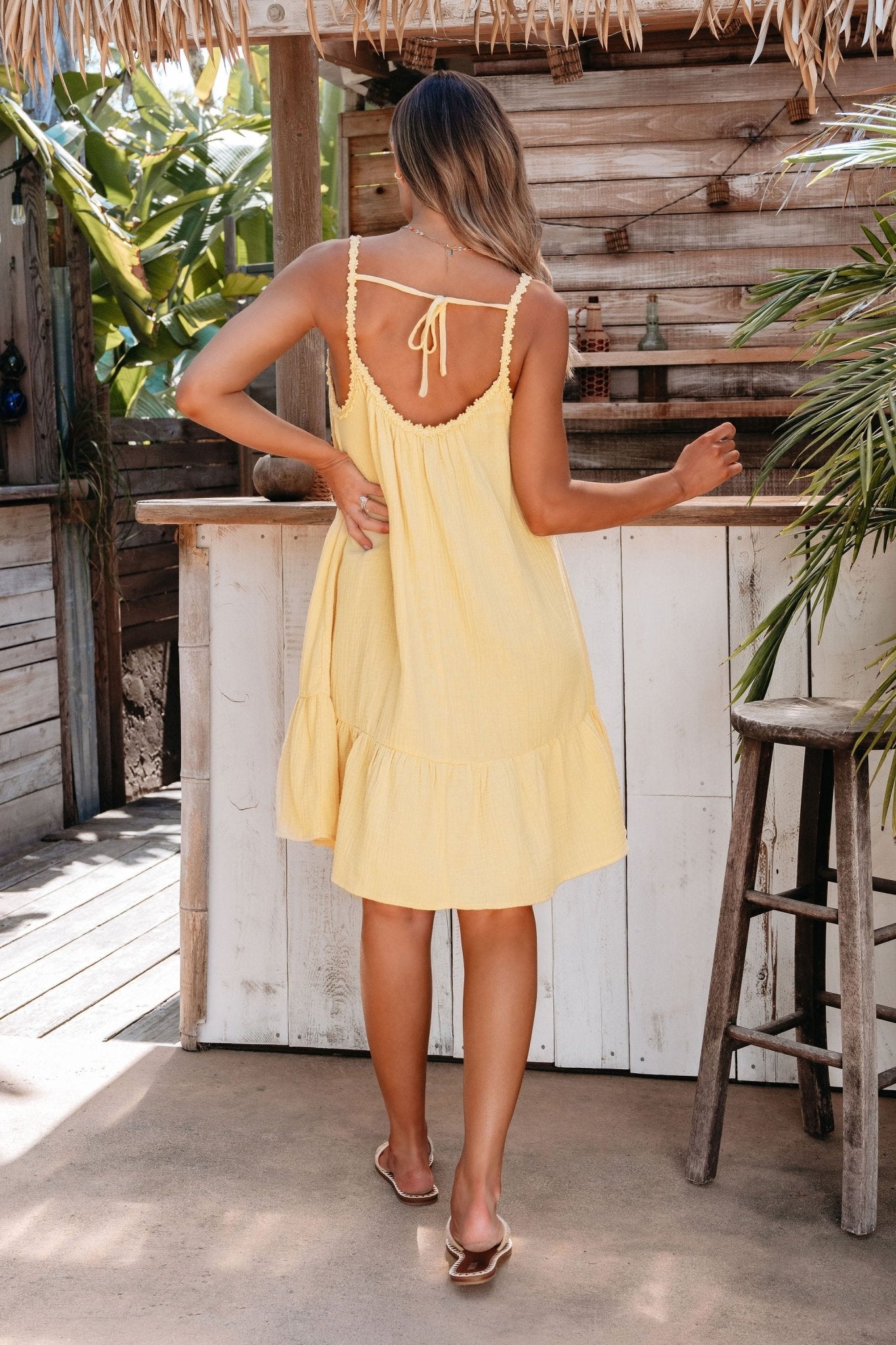 Happy Yellow Tie Back Tiered Mini Dress - Magnolia Boutique