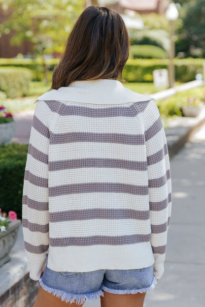 Heather Grey Striped Button Up Sweater - Magnolia Boutique