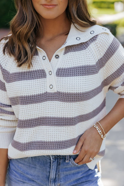 Heather Grey Striped Button Up Sweater - Magnolia Boutique