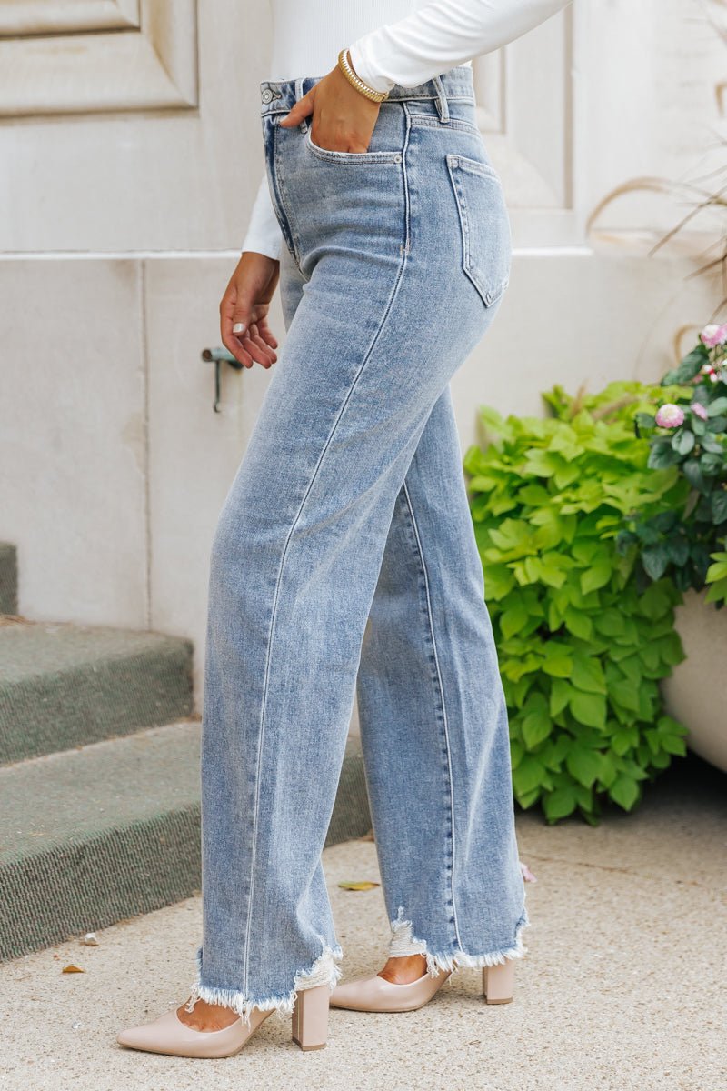 Hidden Medium Wash Frayed Straight Leg Jeans - Magnolia Boutique