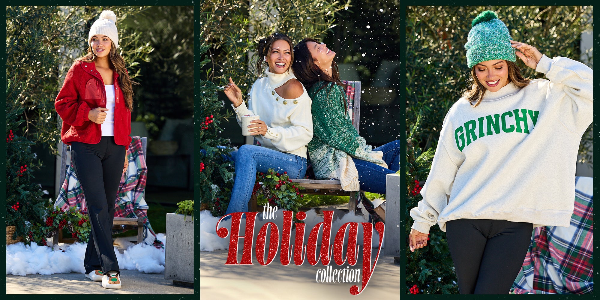 Three women wearing festive clothing with a 'Holiday Collection' sign in the center.