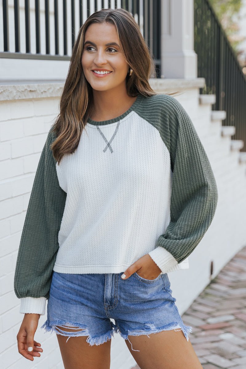 Hunter Green Color Block Thermal Top - Magnolia Boutique