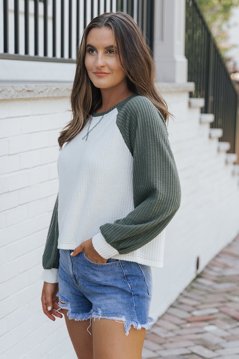 Hunter Green Color Block Thermal Top - Magnolia Boutique