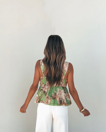 Green Floral Silk Babydoll Tank Top | Pre Order
