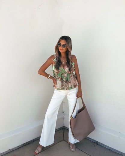 Green Floral Silk Babydoll Tank Top | Pre Order