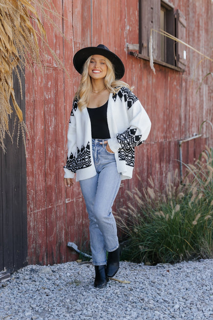 Ivory and Black Aztec Print Cardigan - Magnolia Boutique