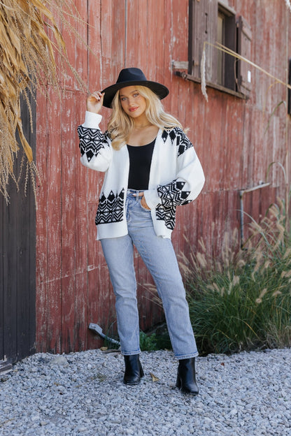 Ivory and Black Aztec Print Cardigan - Magnolia Boutique