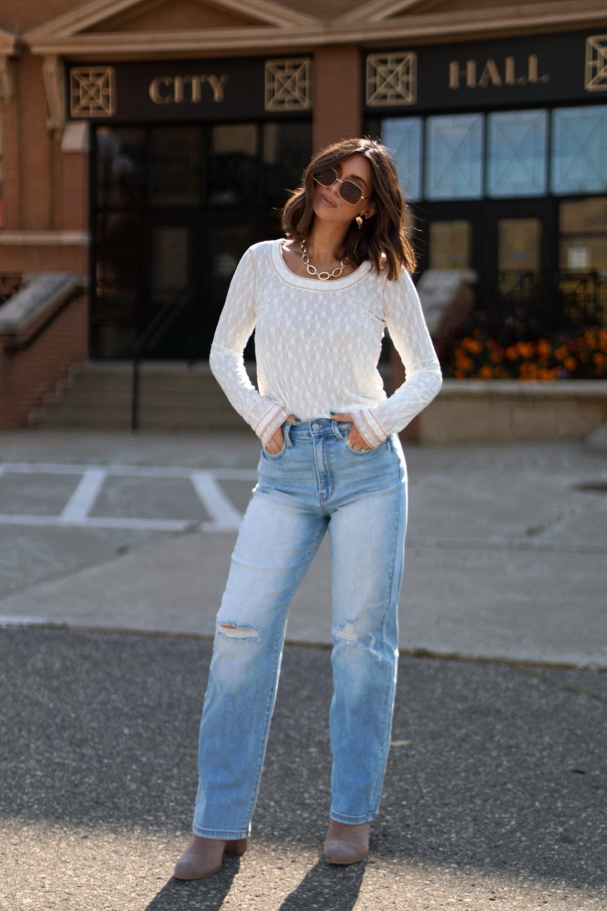 Ivory Contrast Stitch Lace Detail Top - Magnolia Boutique