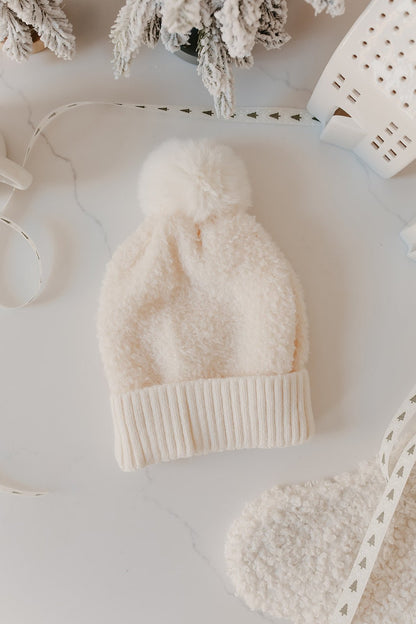 Ivory Faux Fur Teddy Pom Beanie - Magnolia Boutique