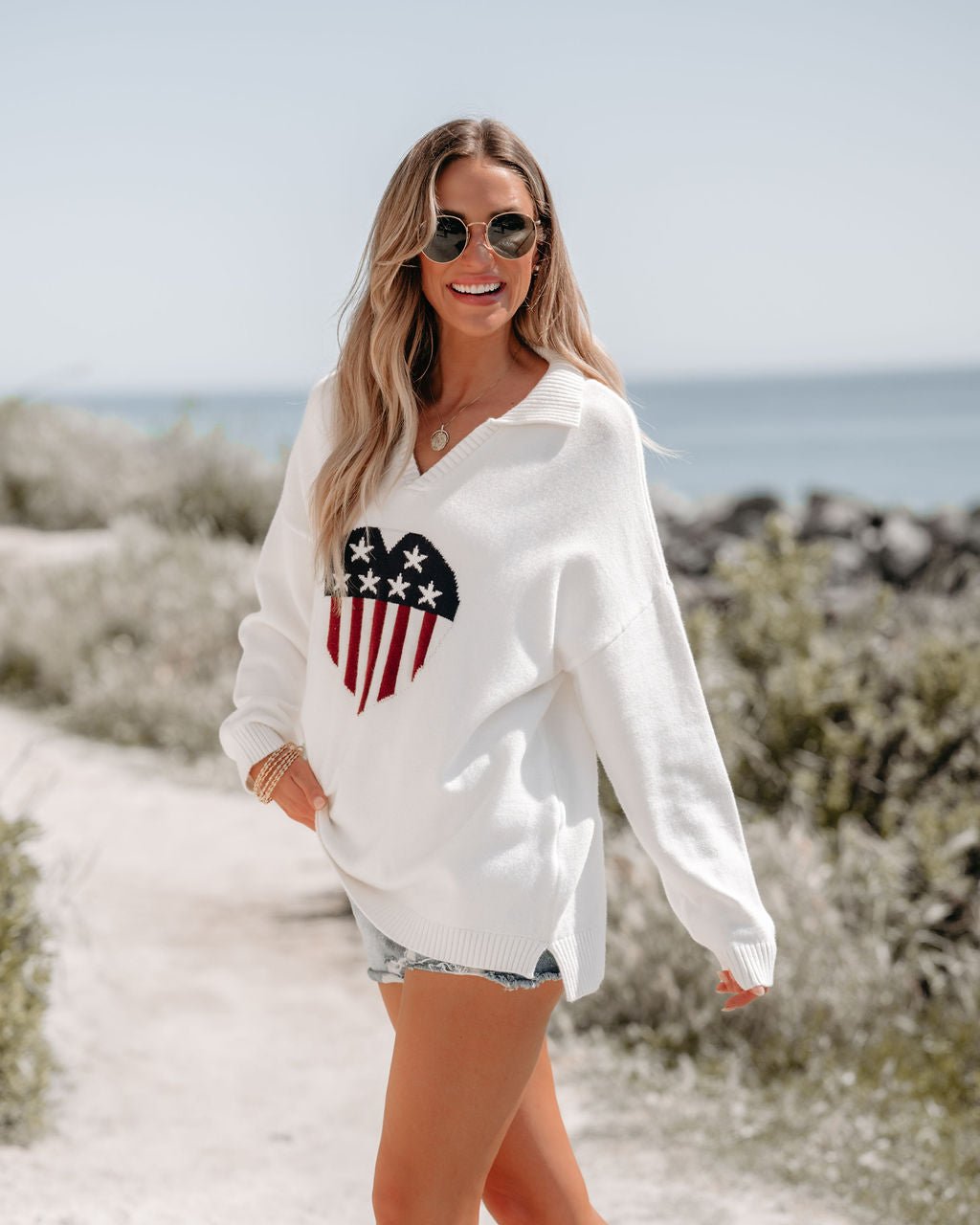 Ivory Heart Shaped American Flag Sweater - Magnolia Boutique