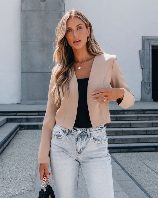 Khaki Collarless Open Front Blazer - Magnolia Boutique