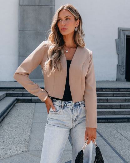 Khaki Collarless Open Front Blazer | Pre Order - Magnolia Boutique