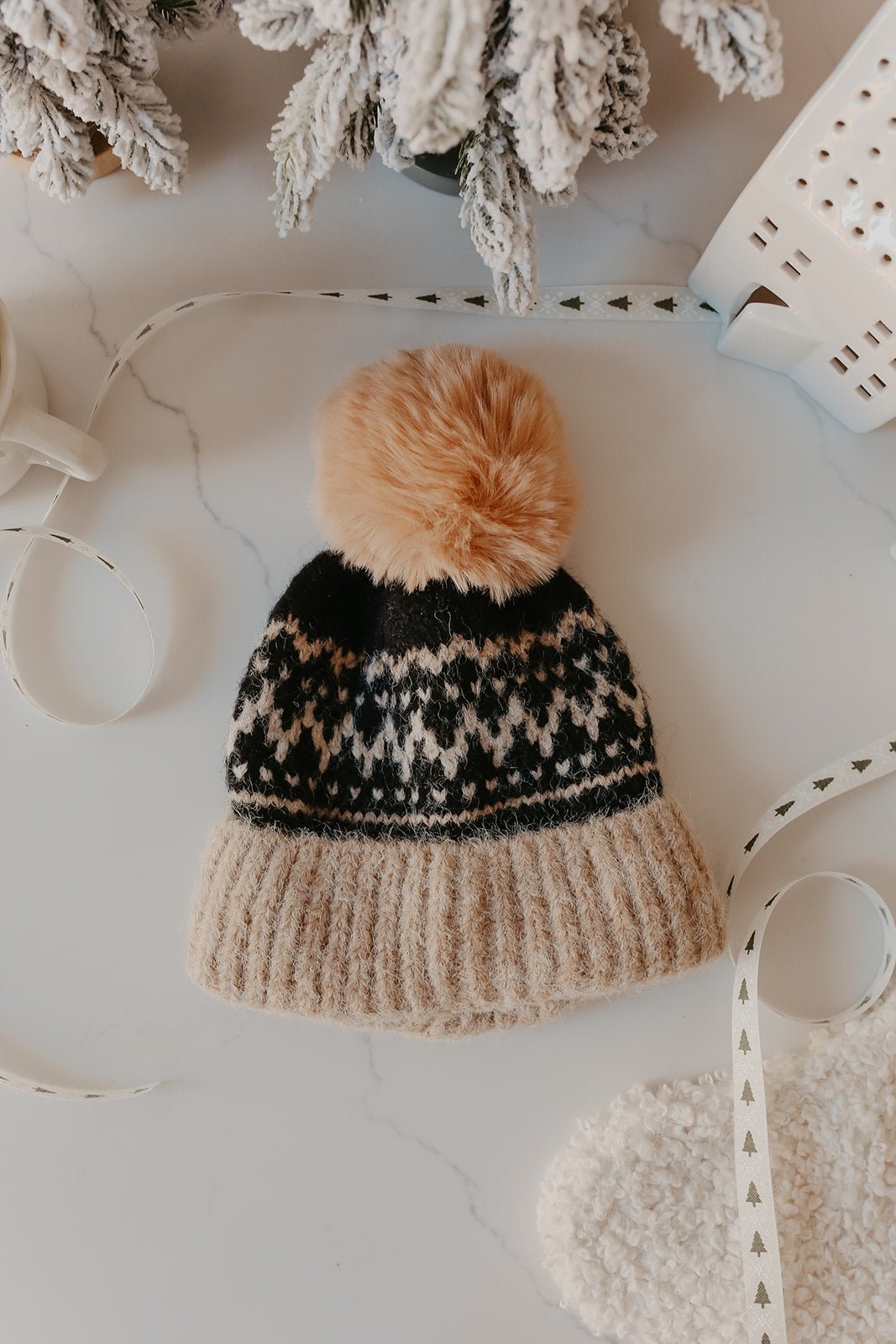 Khaki Nordic Print Pom Beanie - Magnolia Boutique