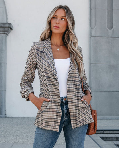 Khaki Plaid Ruched Open Front Blazer | Pre Order - Magnolia Boutique