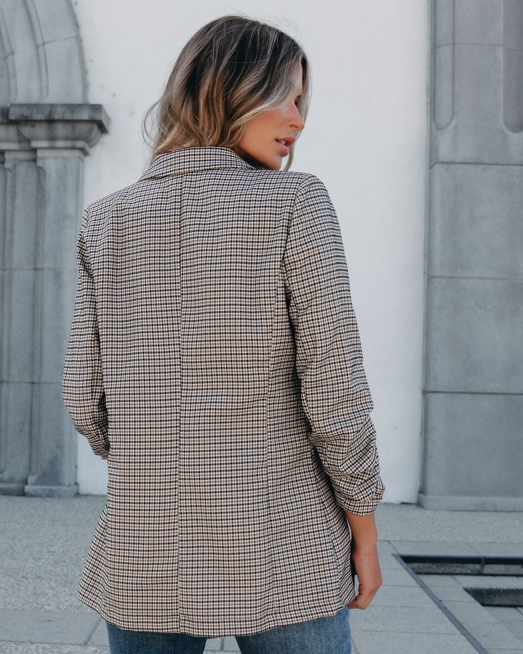 Khaki Plaid Ruched Open Front Blazer | Pre Order - Magnolia Boutique