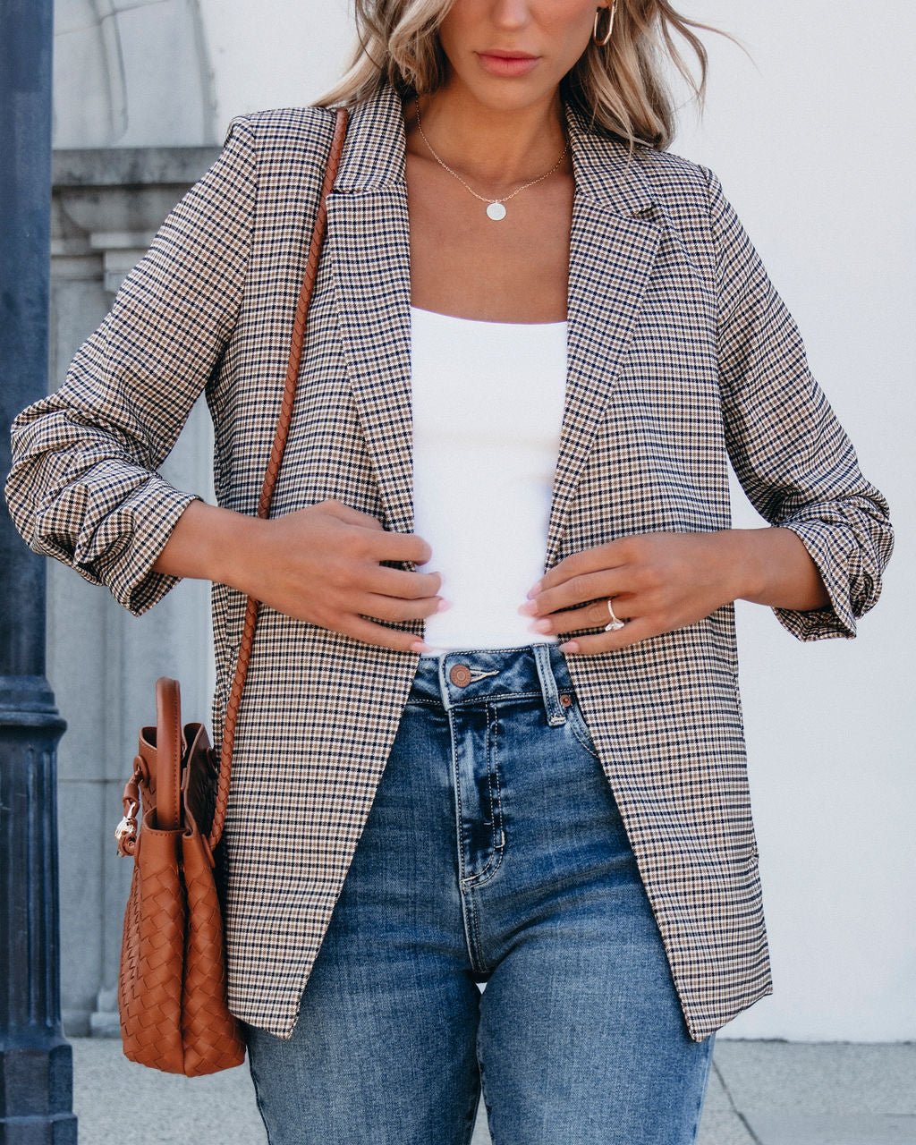 Khaki Plaid Ruched Open Front Blazer | Pre Order - Magnolia Boutique