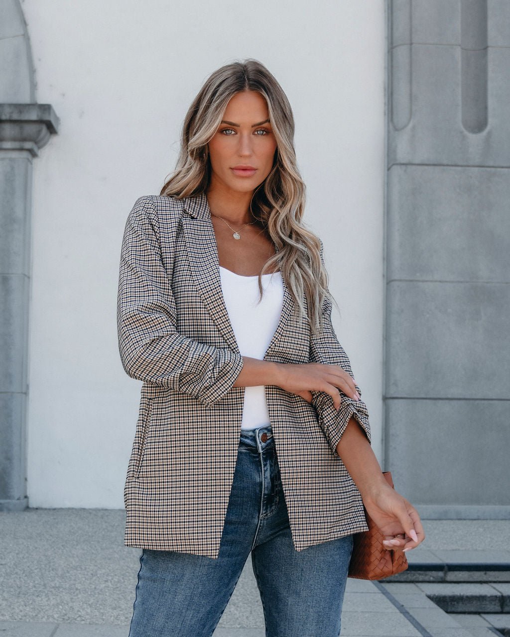 Khaki Plaid Ruched Open Front Blazer | Pre Order - Magnolia Boutique