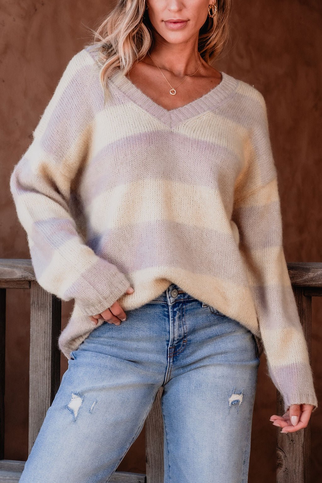 Lavender Striped V Neck Sweater - Magnolia Boutique