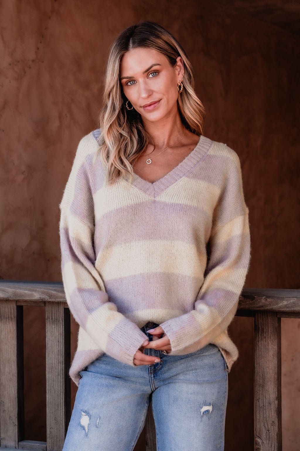 Lavender Striped V Neck Sweater - Magnolia Boutique