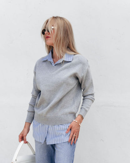 Layered V Neck Shirt Sweater - Grey - Magnolia Boutique