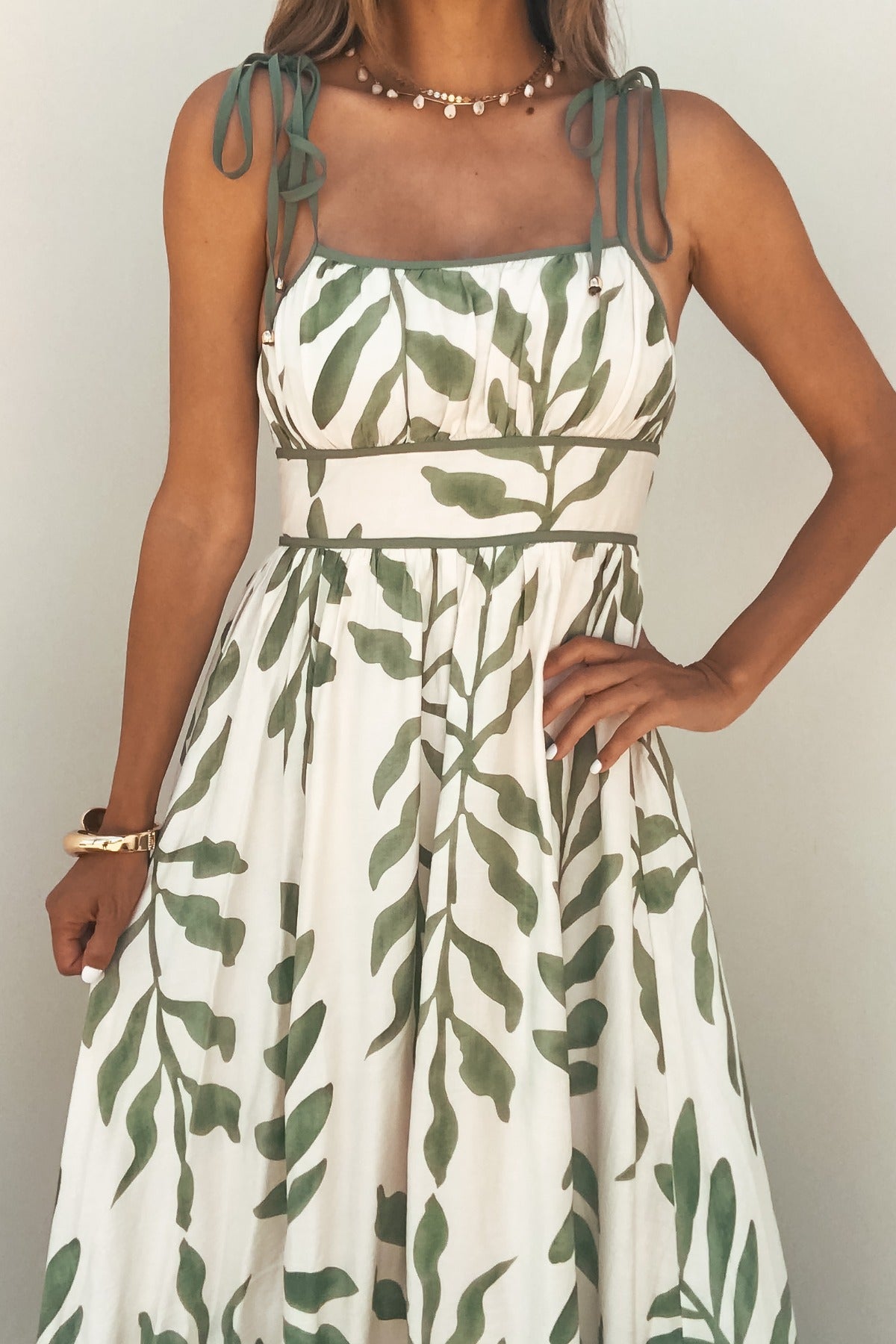 Women's Leaf Print Tie Strap Maxi Dress