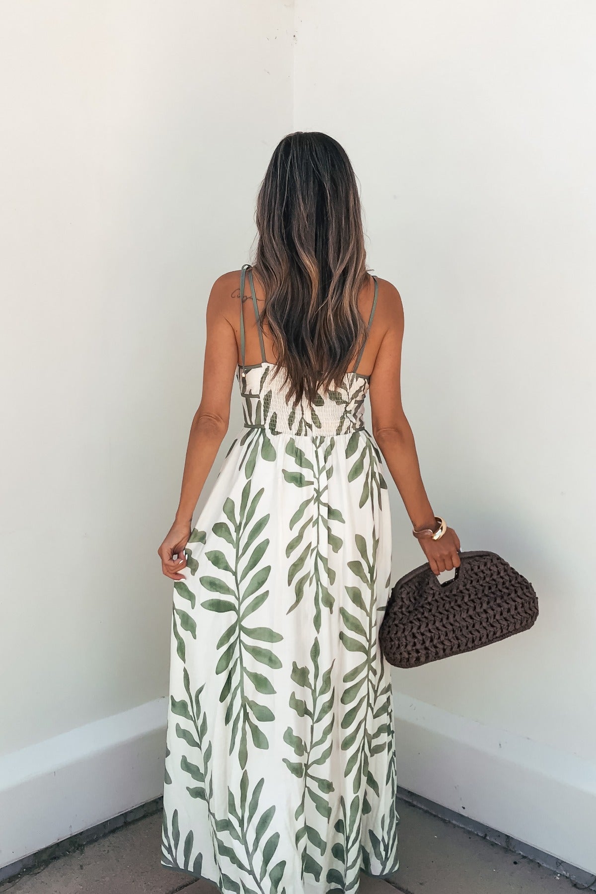 white maxi dress with green leaves Women's Feel It First Strapless Leaf Print Maxi Dress in Ivory/Green main image 1