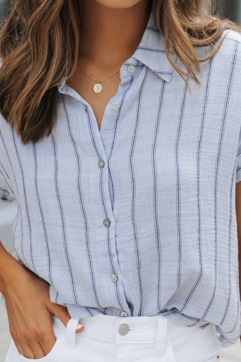 Light Denim Striped Button Down Shirt - Magnolia Boutique