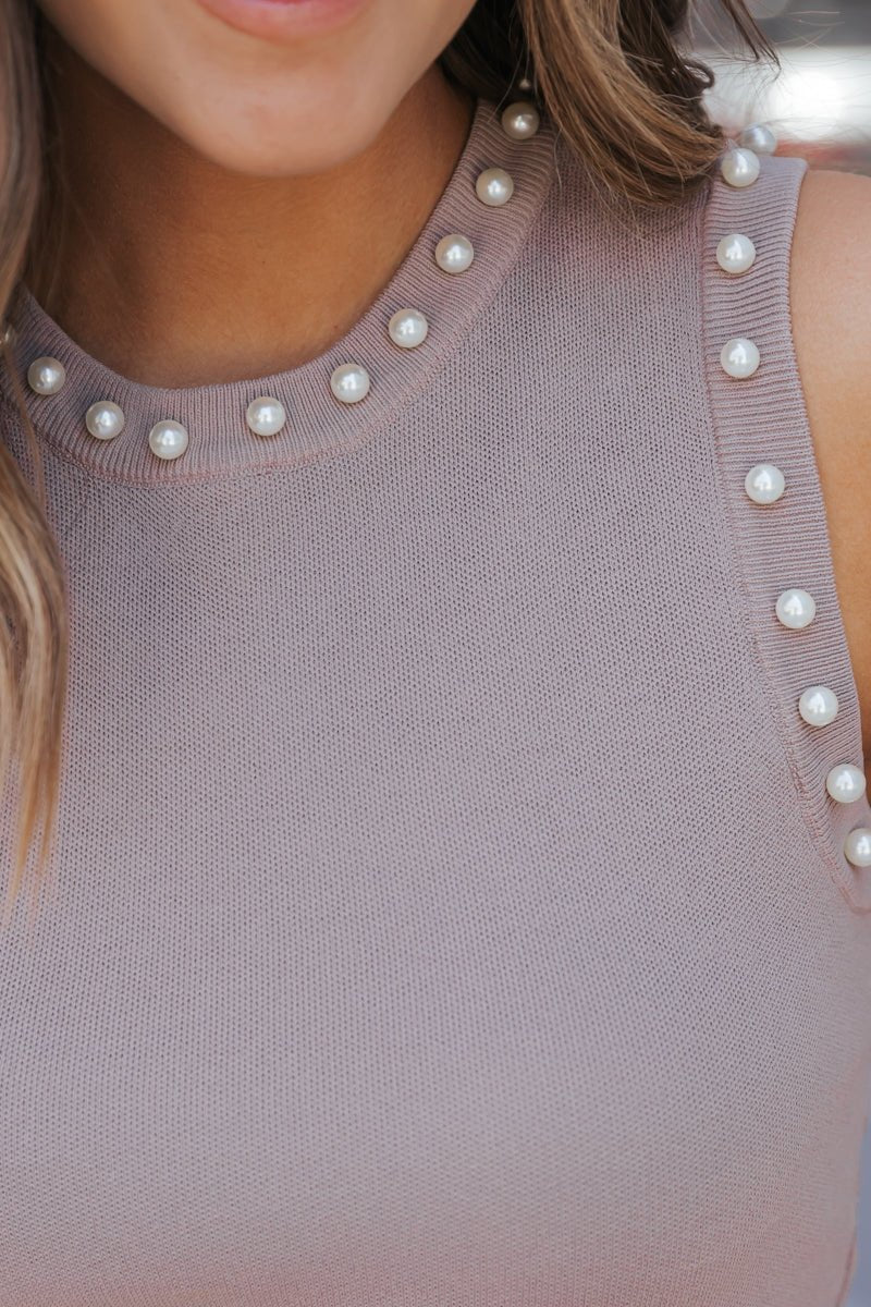 Light Mocha Sleeveless Pearl Sweater - Magnolia Boutique