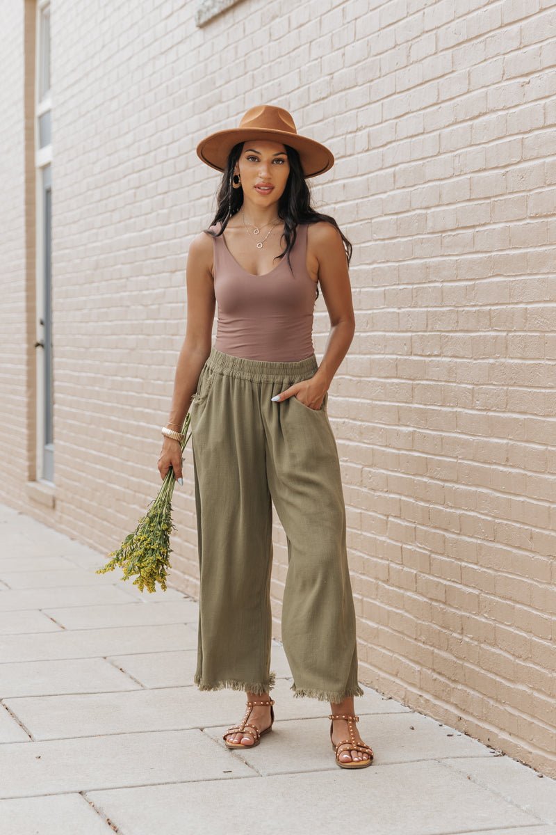 Light Olive Frayed Linen Wide Leg Pants - Magnolia Boutique