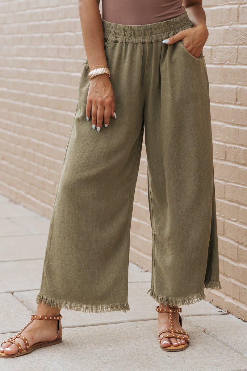 Light Olive Frayed Linen Wide Leg Pants - Magnolia Boutique