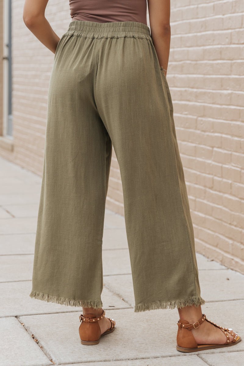 Light Olive Frayed Linen Wide Leg Pants - Magnolia Boutique