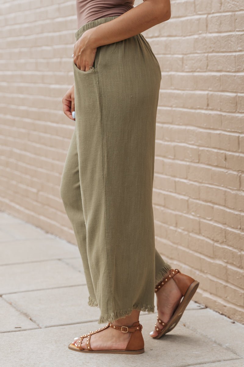 Light Olive Frayed Linen Wide Leg Pants - Magnolia Boutique