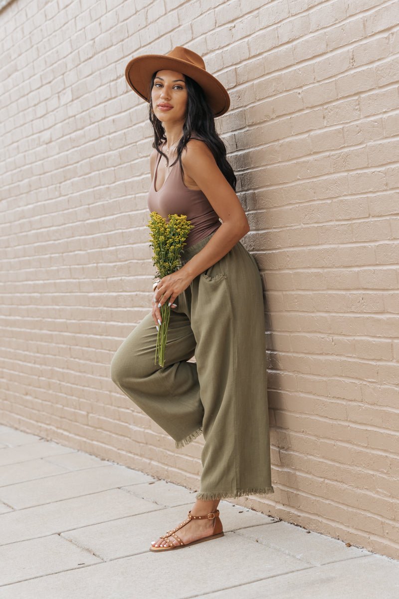 Light Olive Frayed Linen Wide Leg Pants - Magnolia Boutique