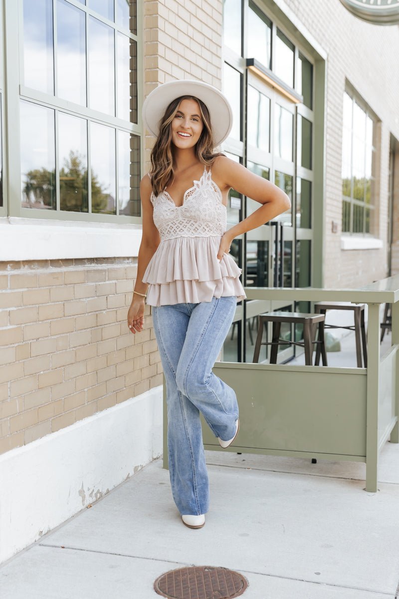 Light Taupe Lace Detail Tank Top - Magnolia Boutique