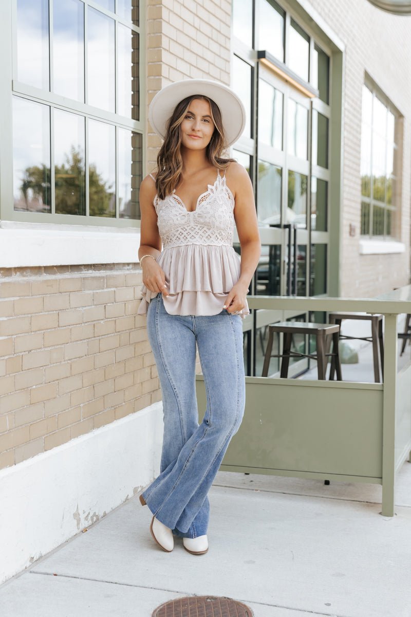 Light Taupe Lace Detail Tank Top - Magnolia Boutique