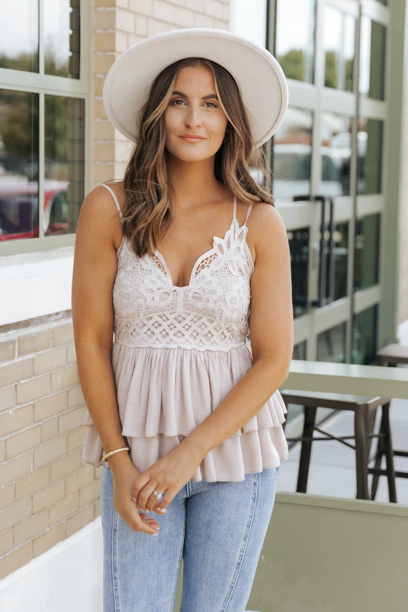 Light Taupe Lace Detail Tank Top - Magnolia Boutique