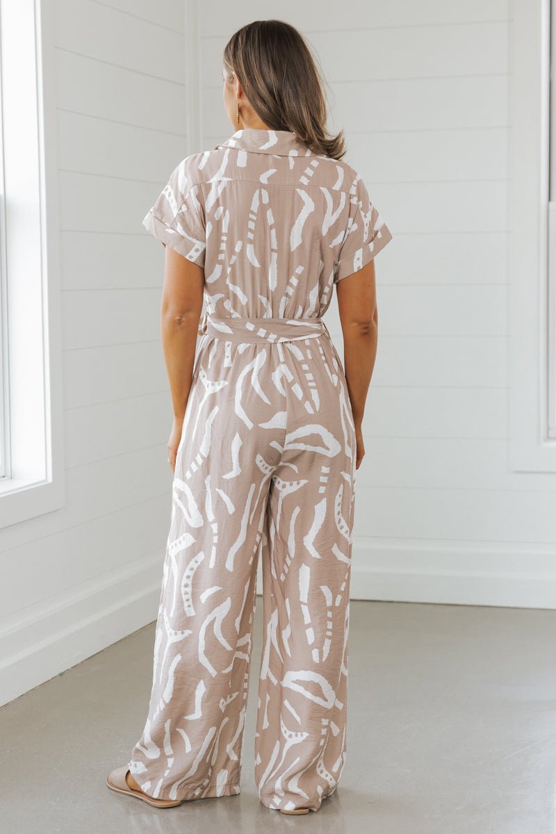 Light Taupe Print V Neck Jumpsuit | Pre Order - Magnolia Boutique