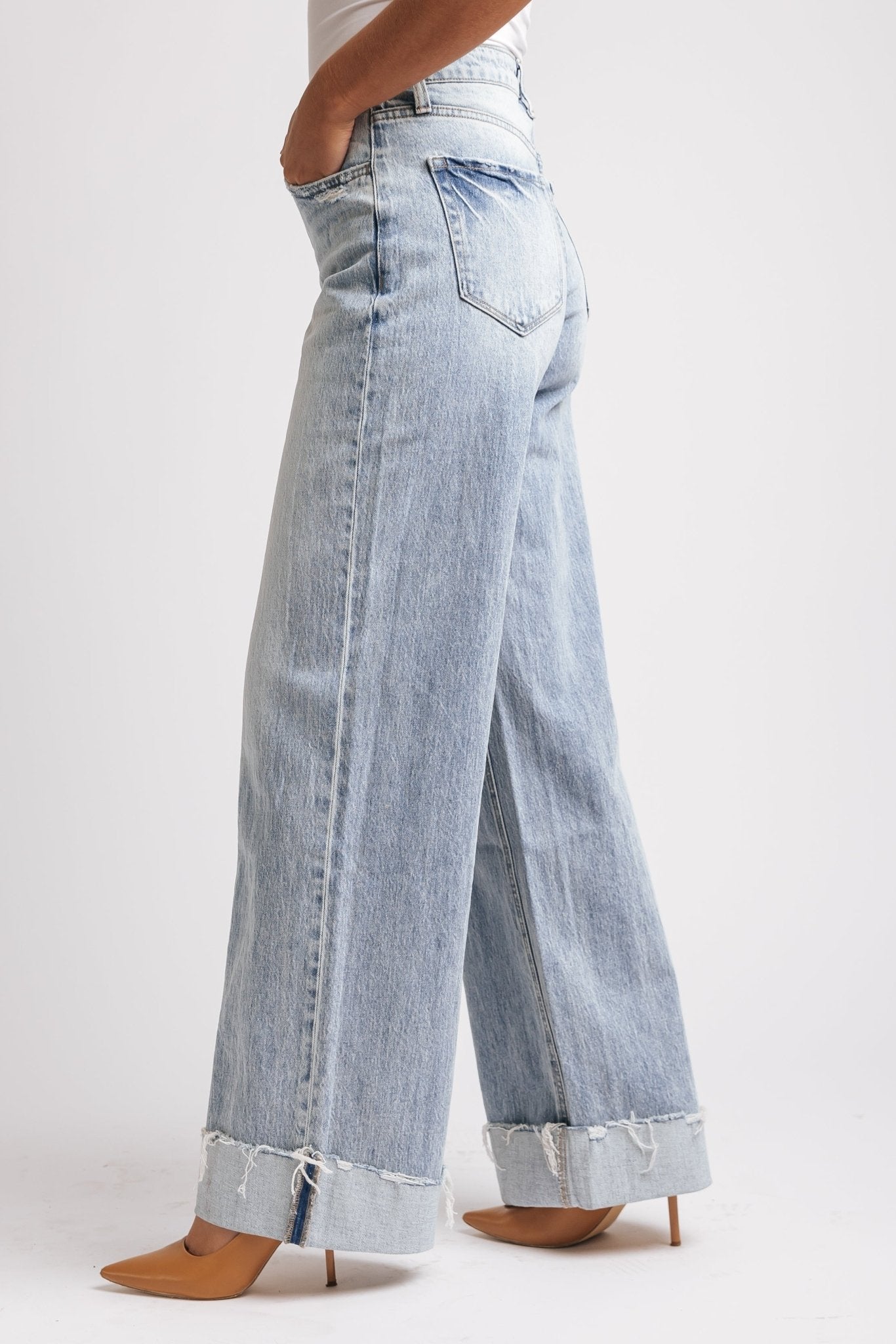 Light Wash Baggy Cuffed Wide Leg Jeans - Magnolia Boutique