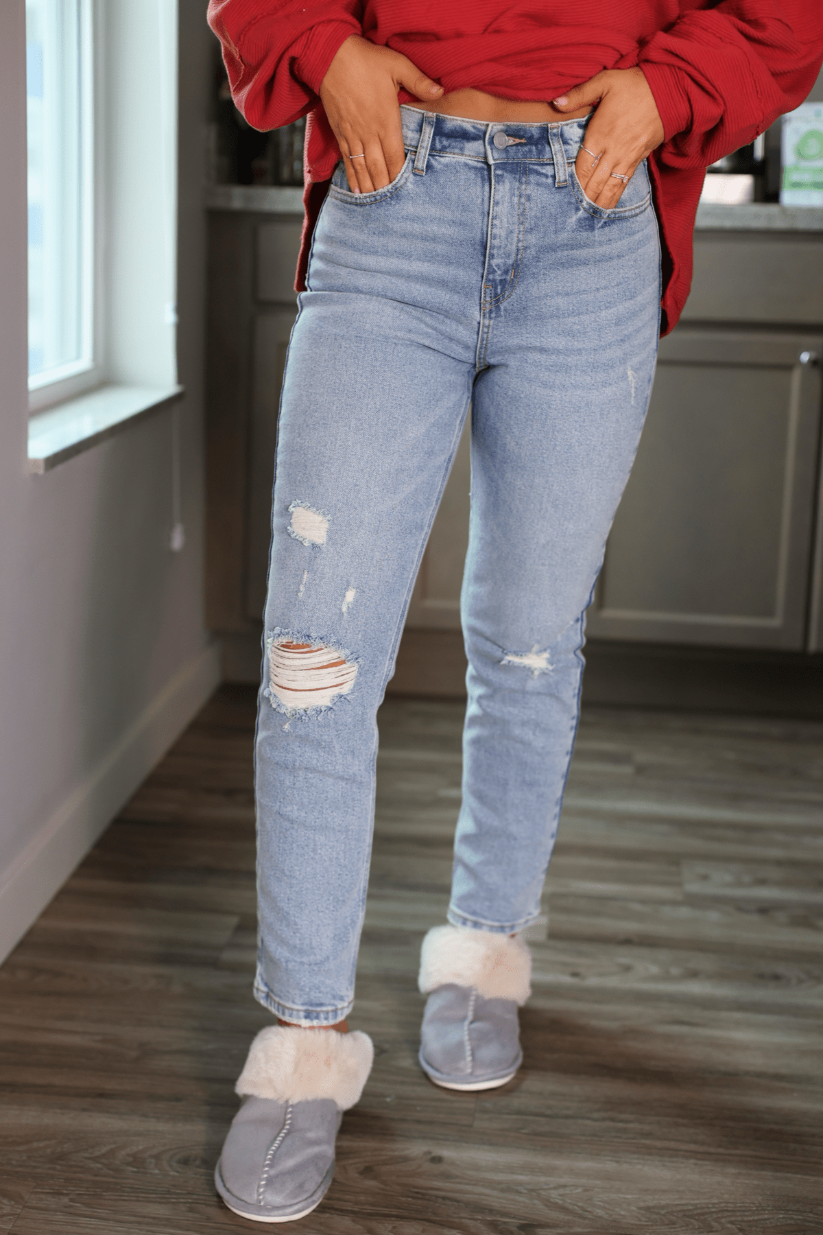 Light Wash Destructed Straight Leg Jeans - Magnolia Boutique