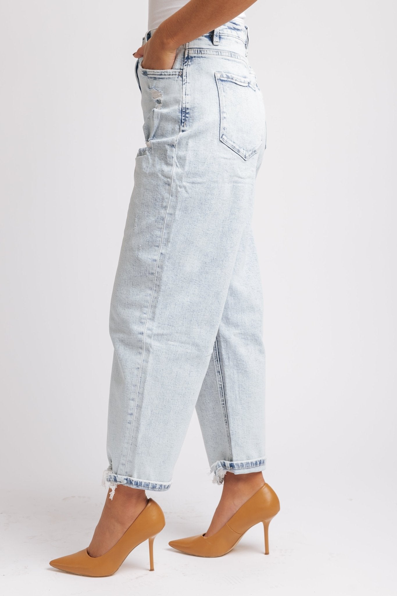 Light Wash Distressed Barrel Leg Jeans - Magnolia Boutique