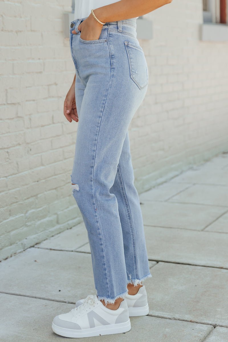 Light Wash Distressed Mom Jeans - Magnolia Boutique